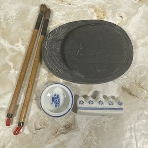 Chinese Calligraphy Lot Of 5 Brushes Water Dropper Pen Rest Ink Stone
